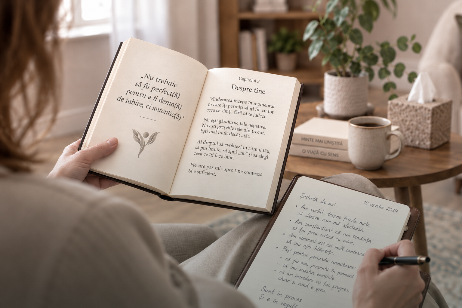 Persoană citind o carte deschisă și notând într-un jurnal, într-un spațiu cald și luminos.